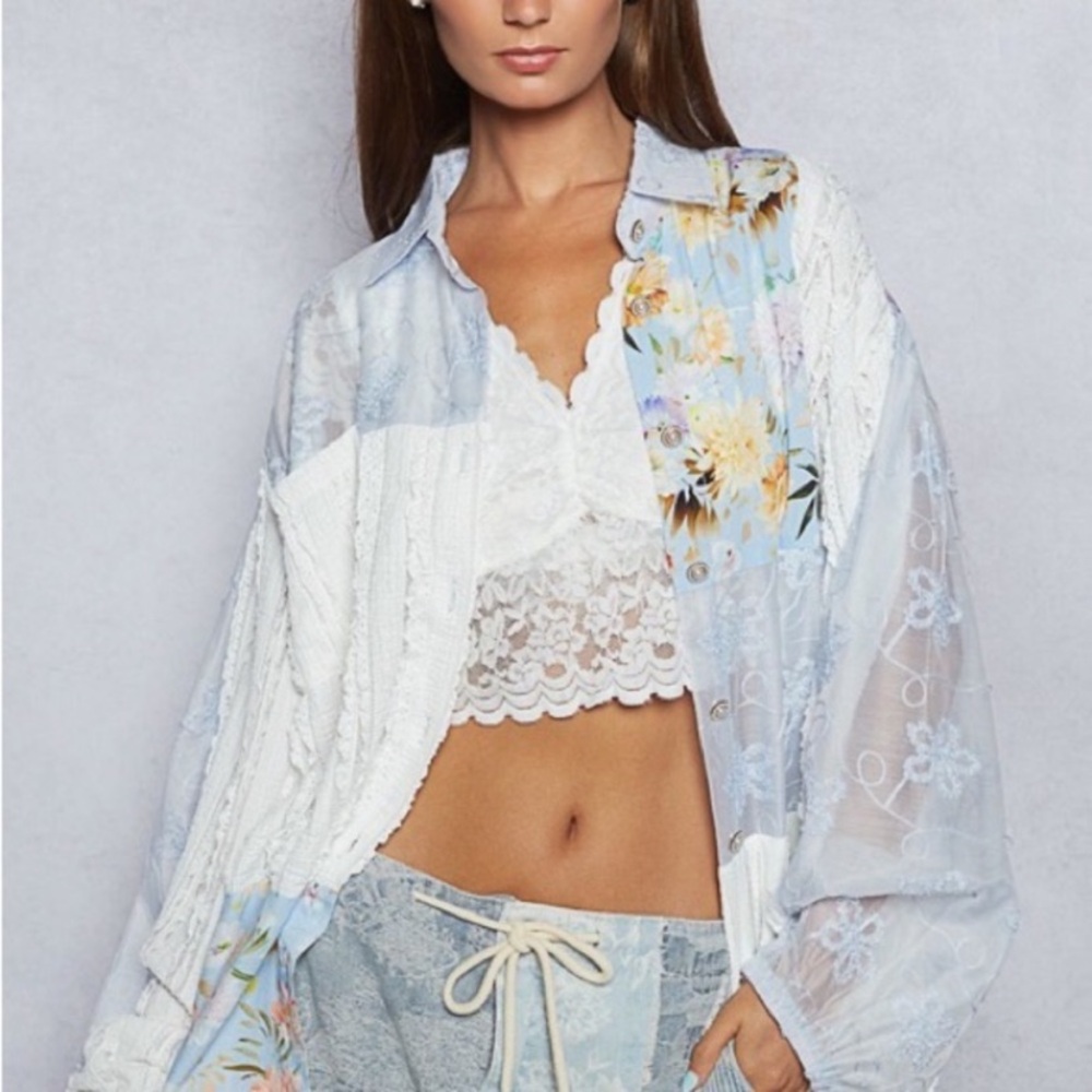POL Pastel Blue and White Lace Blouse